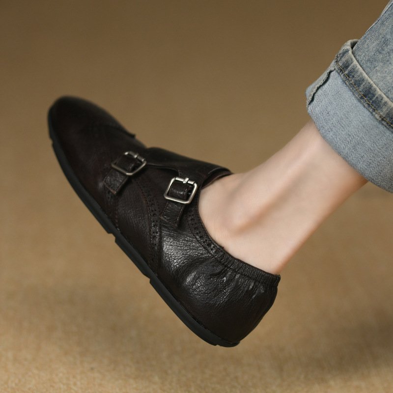 Women's Vintage Buckle Round Toe Leather Loafers with Low Block Heel