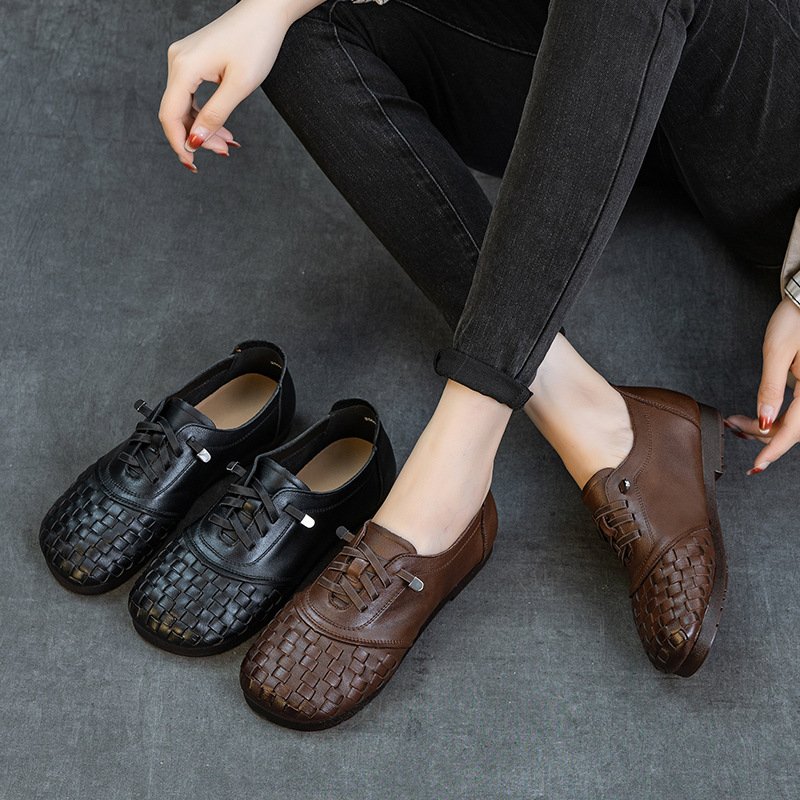 Women's Handwoven Full-Grain Leather Round Toe Slip-On Loafers