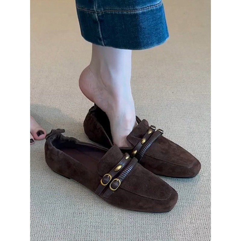 Women's Retro Square-Toe Suede Leather Loafers with Low Block Heel