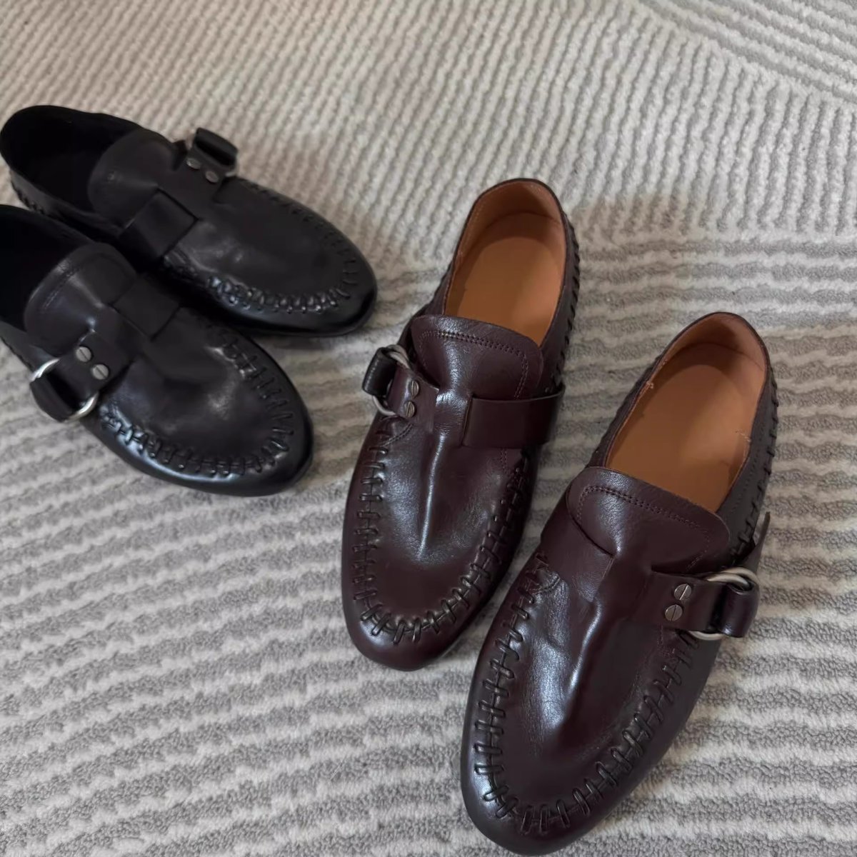 Women's Square Toe Buckle Strap Flat Loafers in Microfiber Leather